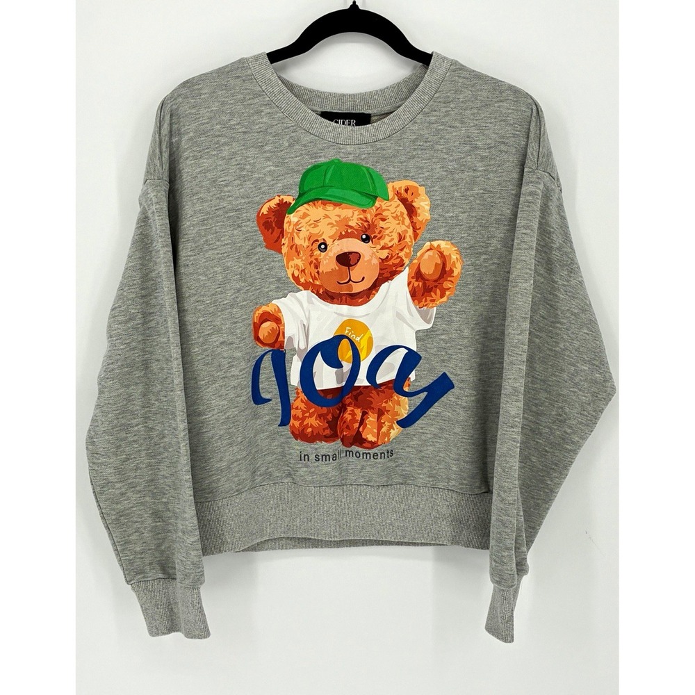 CIDER Women's Gray Teddy Bear Graphic Crewneck Pullover Sweatshirt M